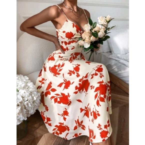 floral leaves print tie back cami maxi dress - Picture 4 of 9